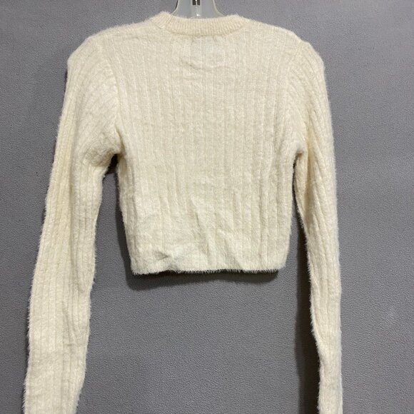 Pink Rose Cream Fuzzy Ribbed Cropped Sweater Sz S Soft Cozy Knit Top - Picture 6 of 8